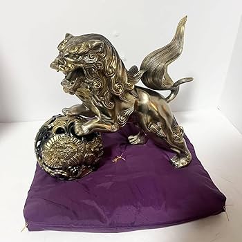 『獅子』唐金　時代　置物　喧嘩獅子 Amazon.co.jp: 高岡銅器工芸品 玉乗り獅子 置物 アンティーク 金色